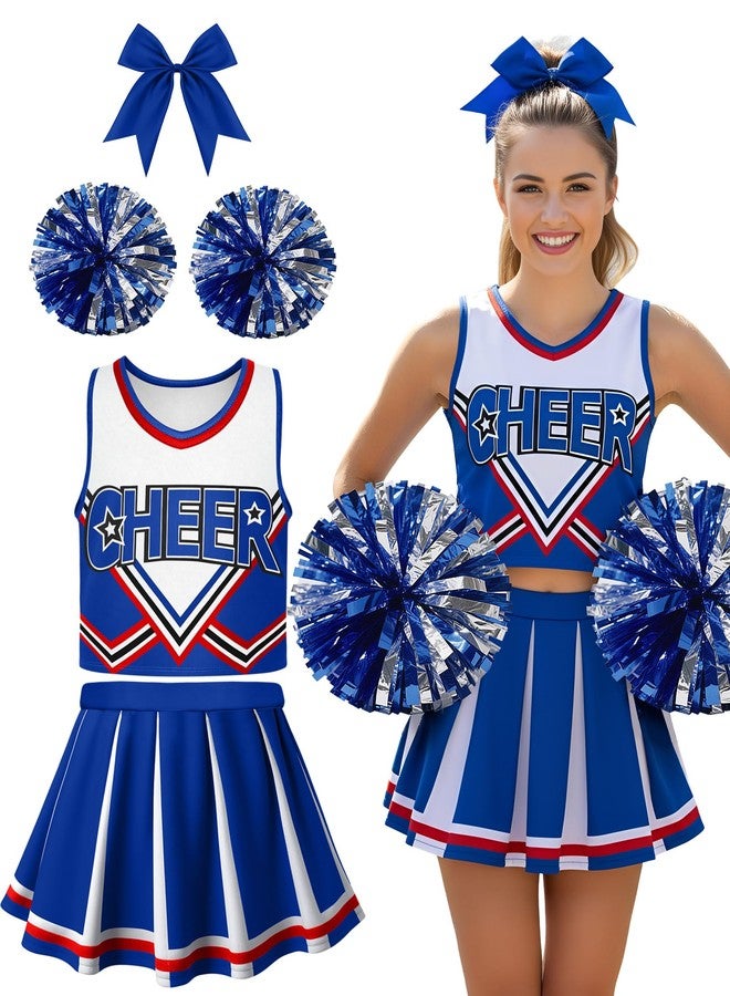 JenPen Women's Cheerleader Costume Halloween High School Cheerleading Outfit Musical Cheer Uniform Hair Bow Pom Pom(Blue,M) - Image 1