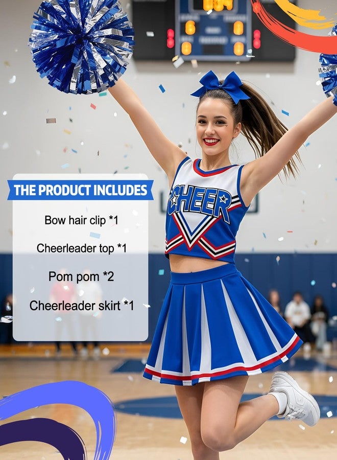 JenPen Women's Cheerleader Costume Halloween High School Cheerleading Outfit Musical Cheer Uniform Hair Bow Pom Pom(Blue,M) - Image 3