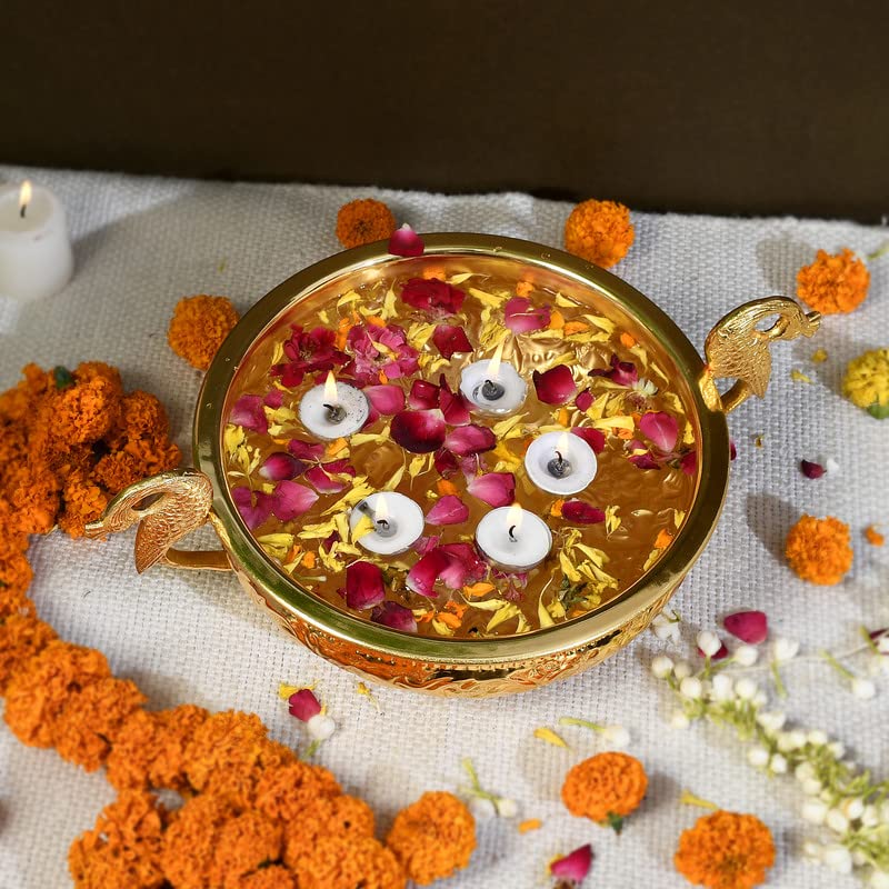 JAIPUR ACE JAIPUR ACE Decorative Pure Brass Gold Urli with Peacock Handle l Urli for Home Decor l Ideal for Gifting and Pooja and Decoration l Weight 750 gm 8 Diameter Urli 45 Height - Image 1
