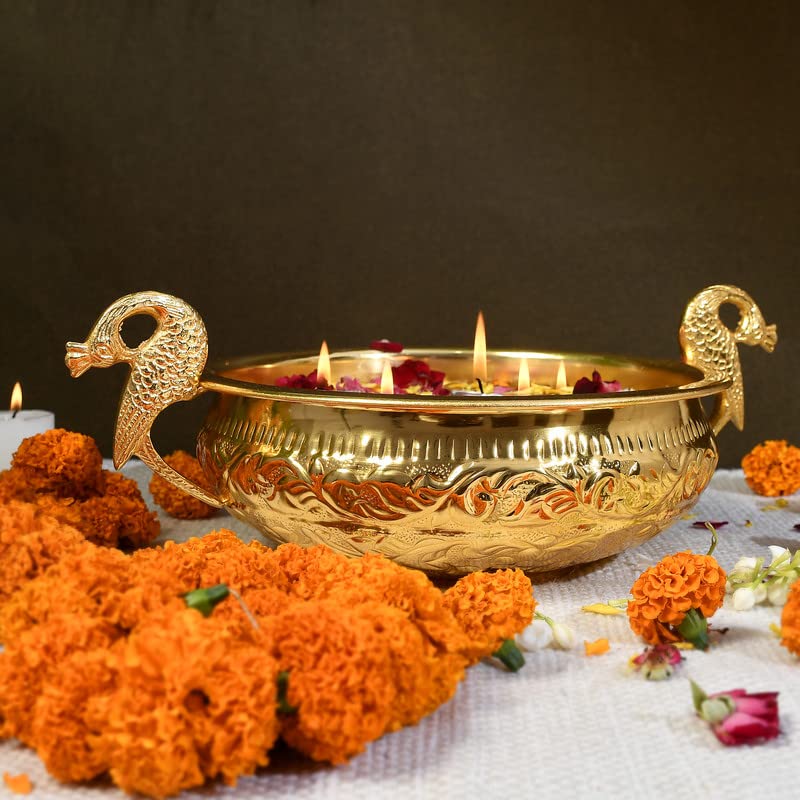 JAIPUR ACE JAIPUR ACE Decorative Pure Brass Gold Urli with Peacock Handle l Urli for Home Decor l Ideal for Gifting and Pooja and Decoration l Weight 750 gm 8 Diameter Urli 45 Height - Image 2