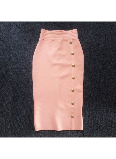 2022 Autumn New High-Waisted Slimming Single-Row Button Design Mid-Length Dress Tummy Control Shapewear Underneath Pink