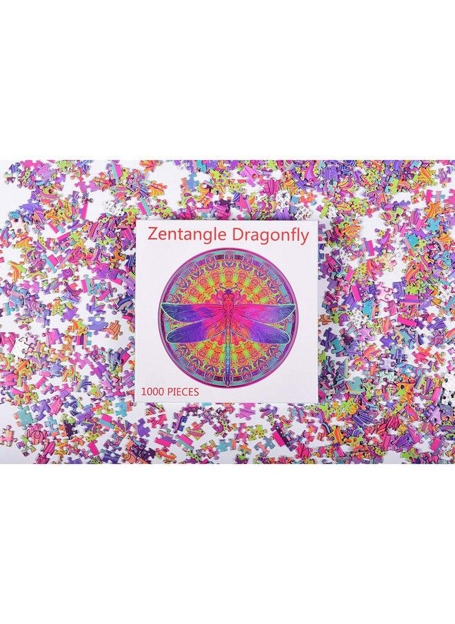 Bgraamiens - Puzzle Zentangle Dragonfly 1000 Pieces Vivid Dragonfly Round Mandala Puzzle Color Challenge Jigsaw Puzzles - Image 1