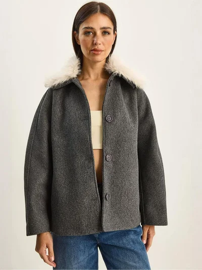 Bianco Lucci LUCCI Oversized Plush Coat with Fur Collar