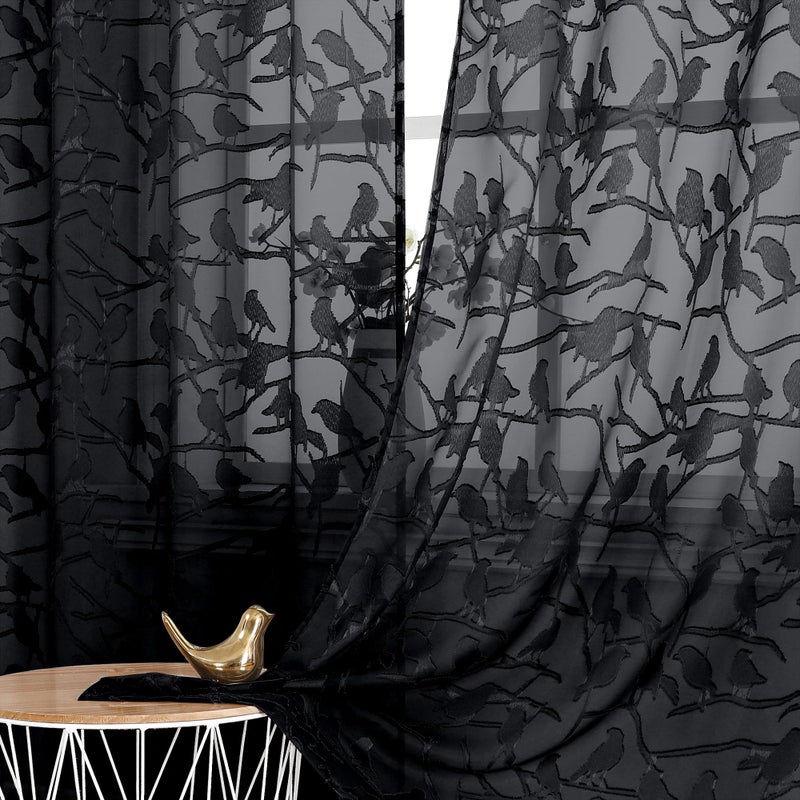 OVZME Textured Black Sheer Curtains 84 Inches Long 2 Panels Set, Light Filtering Leaf Bird Jacquard Voile Semi Sheer Curtains for Bedroom, Dual Rod Pocket Farmhouse Window Drapes, 2x38Wx84L Inches - Image 1