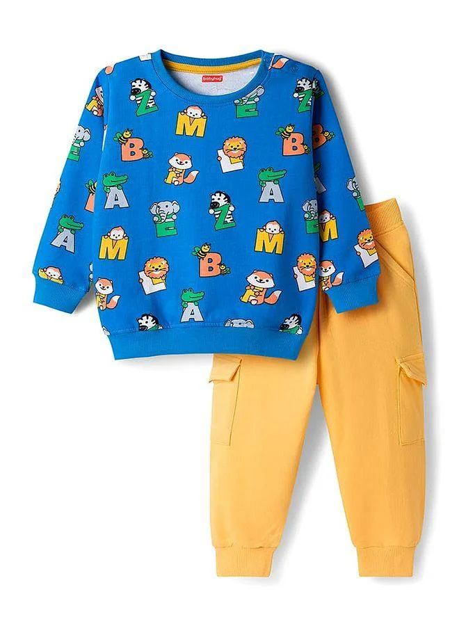 Babyhug Babyhug Terry Knit Full Sleeves Alphabet Printed T-Shirt & Lounge Pant Set - Yellow & Blue