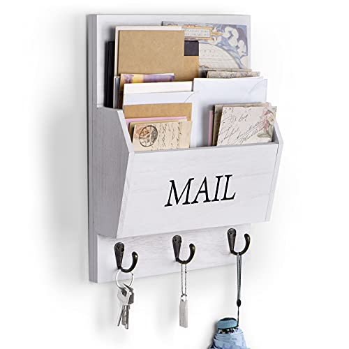 DLQuarts Mail Organizer with Key Holder for Wall Decorative Mail Sorter Wall Mounted, Wooden Mail Holder with 3 Hooks, White - Image 1