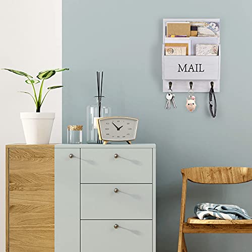 DLQuarts Mail Organizer with Key Holder for Wall Decorative Mail Sorter Wall Mounted, Wooden Mail Holder with 3 Hooks, White - Image 3