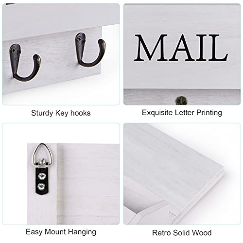 DLQuarts Mail Organizer with Key Holder for Wall Decorative Mail Sorter Wall Mounted, Wooden Mail Holder with 3 Hooks, White - Image 4