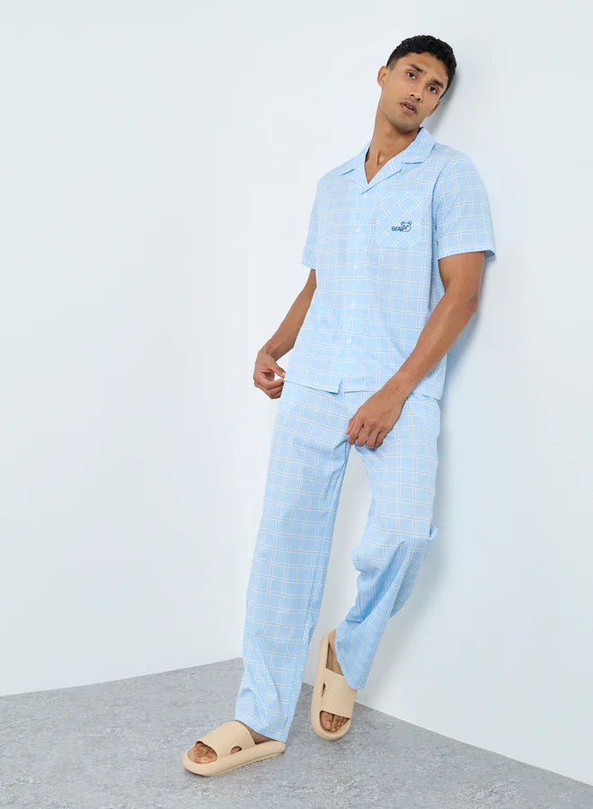 Styli Styli Men Blue Checked Shirt and Pyjama Set
