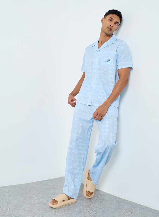 Styli Men Blue Checked Shirt and Pyjama Set - Image 1
