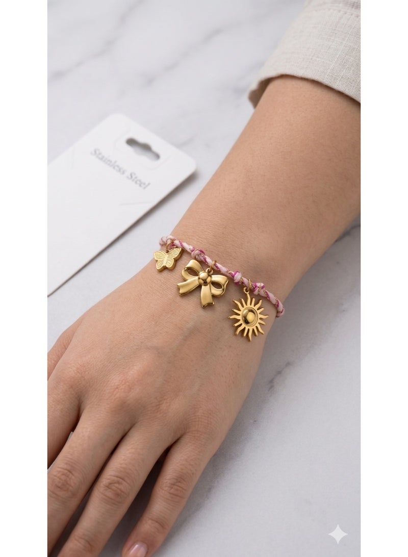 Elegant Gold-Tone Stainless Steel Charm Bracelet for Women - Pink Braided Cord with Stylish Pendants. - Image 2