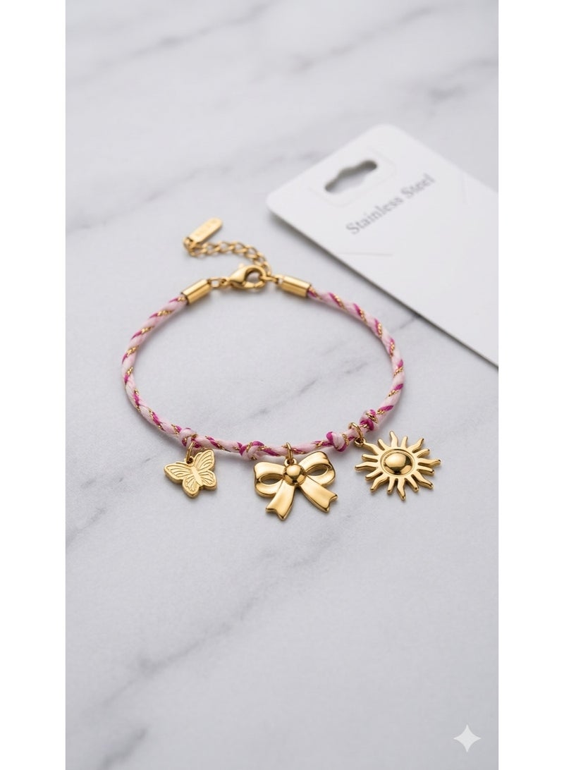 Elegant Gold-Tone Stainless Steel Charm Bracelet for Women - Pink Braided Cord with Stylish Pendants. - Image 1