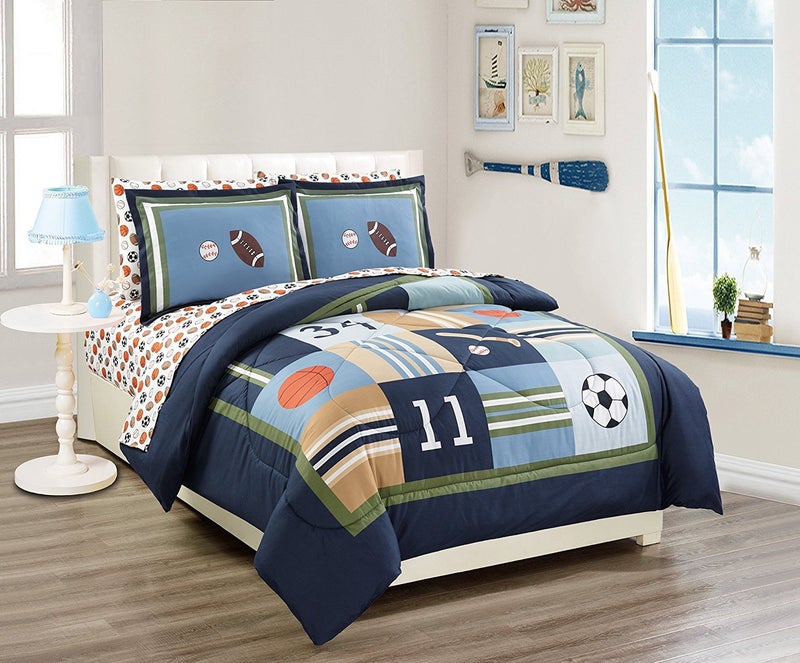 Linen Plus Twin Bed Comforter Set Sport Baseball Football Basketball Soccer for TeenKids Comforter and Sheet Set Navy Blue White Orange Brown Black New