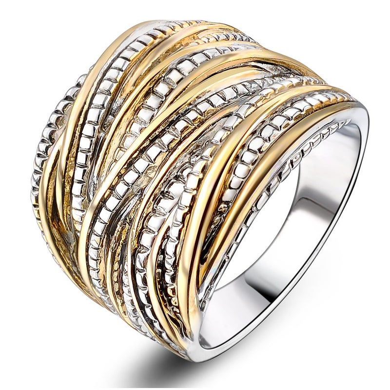 Mytys 2 Tone Intertwined Crossover Statement Ring Fashion Chunky Band Rings for Women Black Gold Silver Rose Gold Plated Wide Index Finger Rings Costume Jewelry (Gold and silver, 6) - Image 1