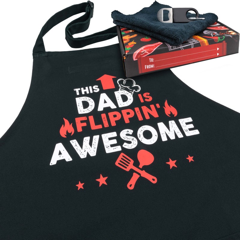 FixGrub Dad BBQ Apron Funny Apron Grill Apron Chef Apron with 3 Pockets Bottle Opener Towel and Gift Box 100 Cotton Ideal Birthday Christmas and Fathers Day Gift for Men