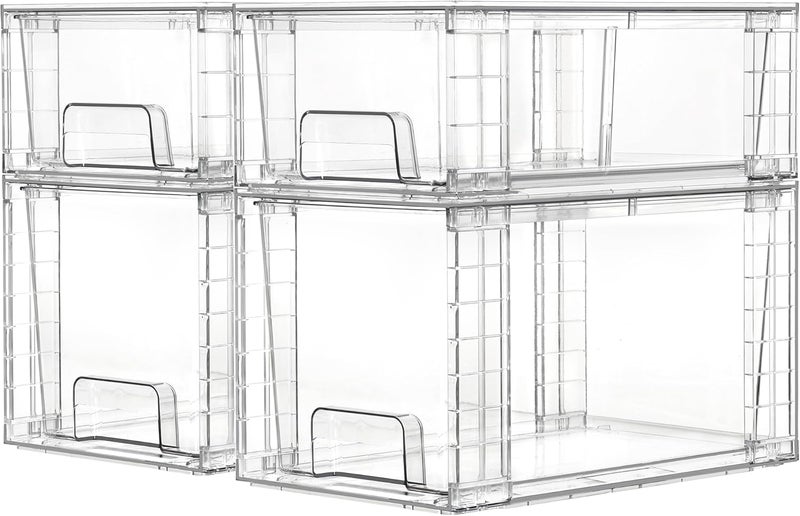 Vtopmart 4 Pack Clear Stackable Storage Drawers,Under Sink and Kitchen Organizers Storage,Easy to Assemble Plastic Drawers for Baby Bottle,Medicine, Bathroom,Cabinet and Pantry Organization - Image 1