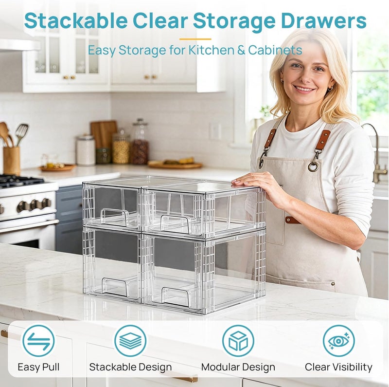 Vtopmart 4 Pack Clear Stackable Storage Drawers,Under Sink and Kitchen Organizers Storage,Easy to Assemble Plastic Drawers for Baby Bottle,Medicine, Bathroom,Cabinet and Pantry Organization - Image 3