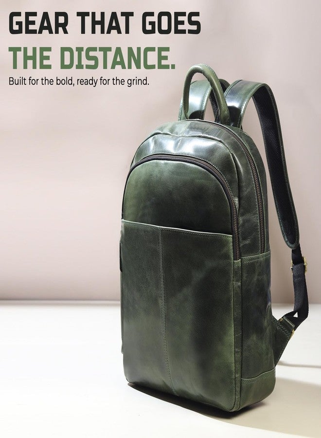 MaheTri Luxury Italian Leather Laptop Backpack for Men (15.6") | Leather Backpack with Padded & Adjustable Straps | Padded Tablet & Laptop Sleeve | Travel, College Bag | Green & Tan (Green) - Image 2