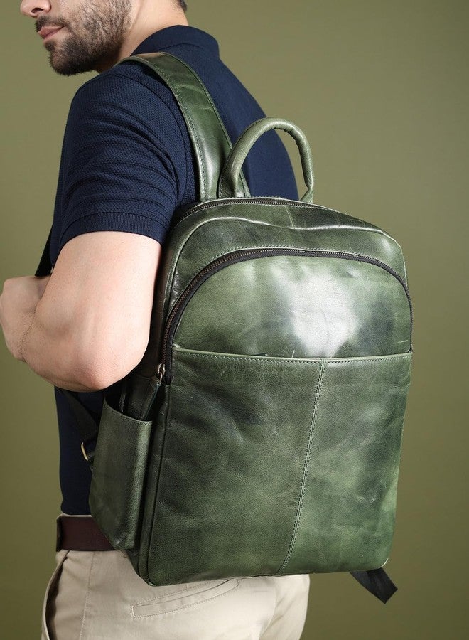 MaheTri Luxury Italian Leather Laptop Backpack for Men (15.6") | Leather Backpack with Padded & Adjustable Straps | Padded Tablet & Laptop Sleeve | Travel, College Bag | Green & Tan (Green) - Image 3
