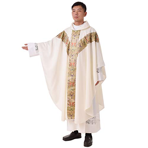 BLESSUME Priest Celebrant Chasuble Catholic Church Father Mass Vestments Robe (Ivory White) - Image 1
