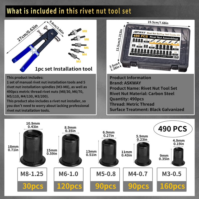 AskWay Rivet Nut Tool Kit, 490Pcs Black Zinc Metric Rivet Nut Combination (M8/M6/M5/M4/M3), Suitable for Automotive, Marine and Industrial Applications (Black 490PCS Rivet Nut Tool Kit) - Image 2