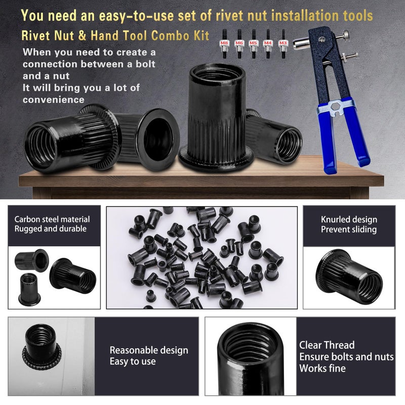 AskWay Rivet Nut Tool Kit, 490Pcs Black Zinc Metric Rivet Nut Combination (M8/M6/M5/M4/M3), Suitable for Automotive, Marine and Industrial Applications (Black 490PCS Rivet Nut Tool Kit) - Image 3