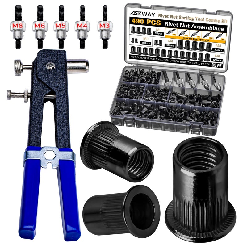 AskWay Rivet Nut Tool Kit, 490Pcs Black Zinc Metric Rivet Nut Combination (M8/M6/M5/M4/M3), Suitable for Automotive, Marine and Industrial Applications (Black 490PCS Rivet Nut Tool Kit) - Image 1