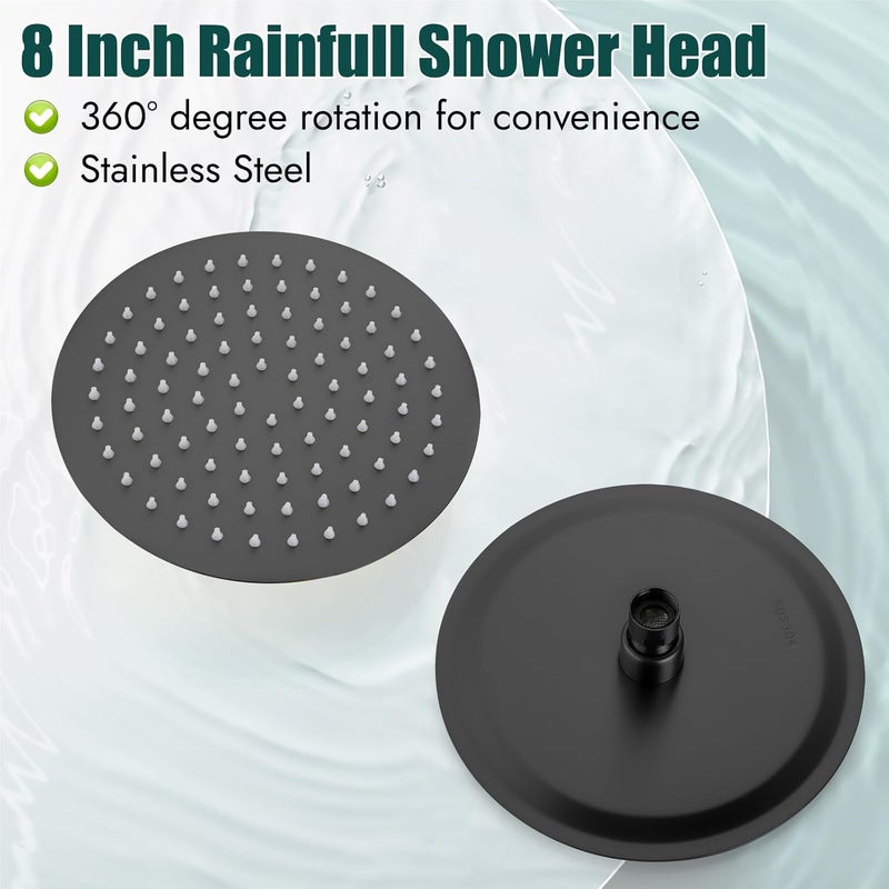 Heyalan Shower Faucet Set with Valve Kit,8 Inch Bathroom Rainfall Shower Head and Handle Set System Trim Kit,Female Thread Valve Single Function,Matte Black - Image 4