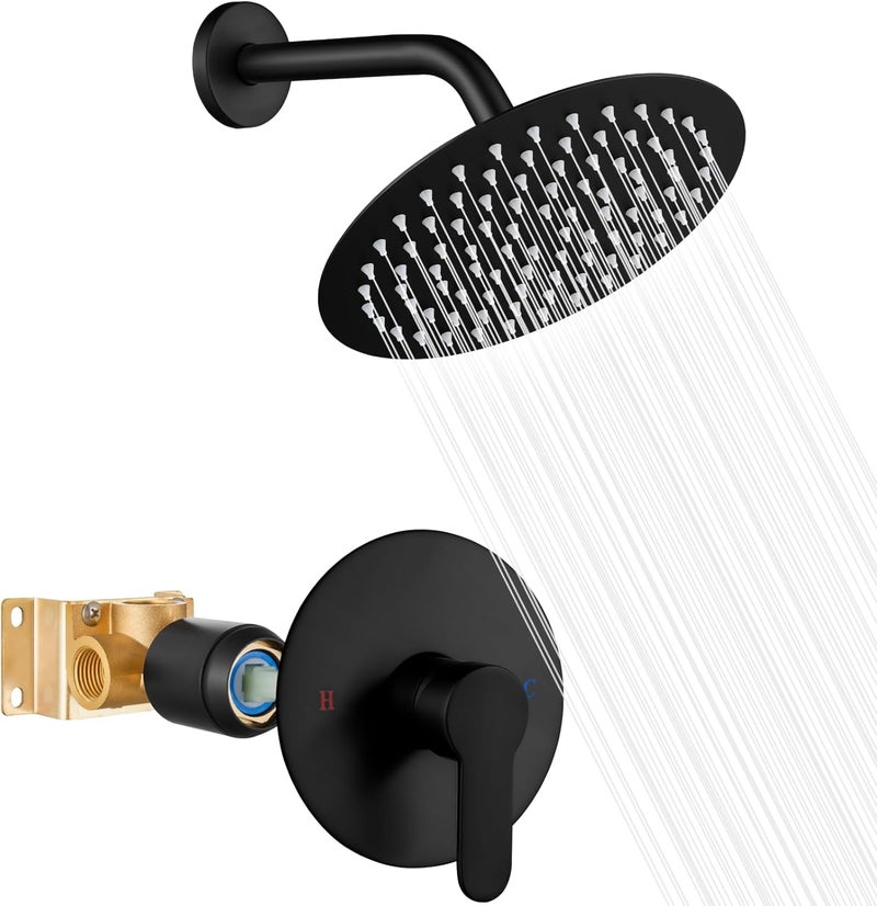 Heyalan Shower Faucet Set with Valve Kit,8 Inch Bathroom Rainfall Shower Head and Handle Set System Trim Kit,Female Thread Valve Single Function,Matte Black - Image 1