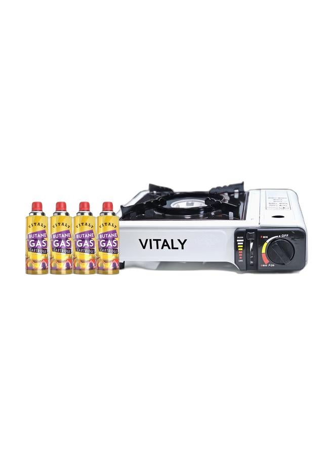 VITALY عبوة غاز بيutane VITALY 4-pack للتخييم والاستخدام الخارجي وموقد غاز VITALY المحمول باللون الأبيض للطهي في الهواء الطلق - Image 1