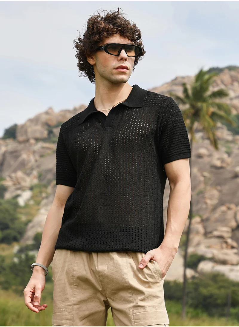 Campus Sutra Men's Raven Black Textured-Knit Polo T-Shirt