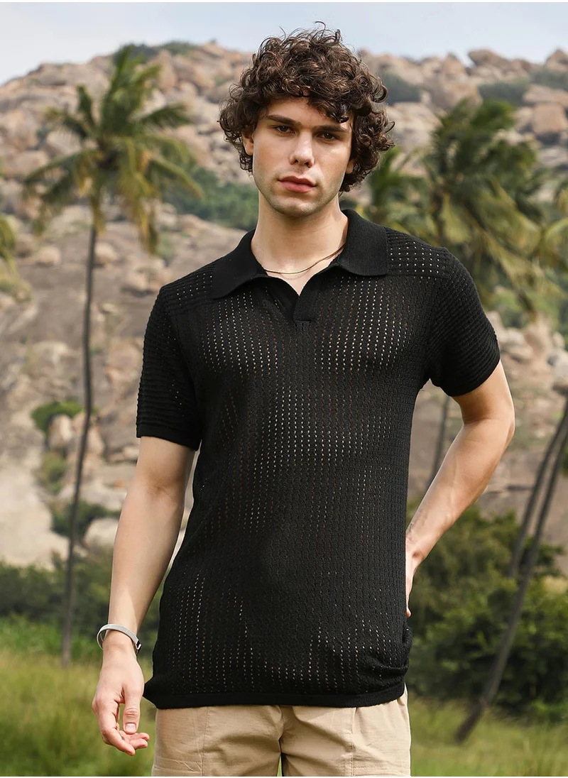 كامبوس سوترا Men's Raven Black Textured-Knit Polo T-Shirt