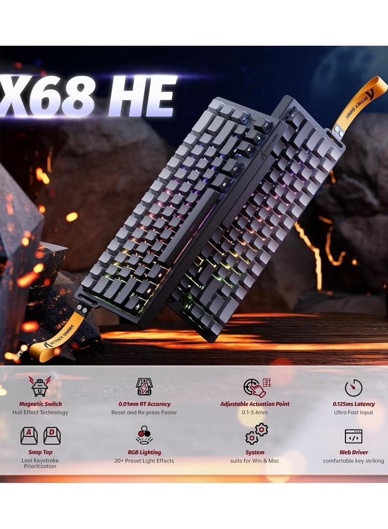 هجوم القرش لوحة مفاتيح الألعاب الميكانيكية X68 HE Rapid Trigger، سلكية 60% TKL، مع إمكانية تعديل التفعيل، ومفتاح مغناطيسي بتقنية تأثير هول، ومعدل استجابة 8 كيلو هرتز، وإضاءة خلفية RGB، وتركيب علوي، وغطاء مفاتيح مطبوع جانبياً (ضوء القمر). - Image 2