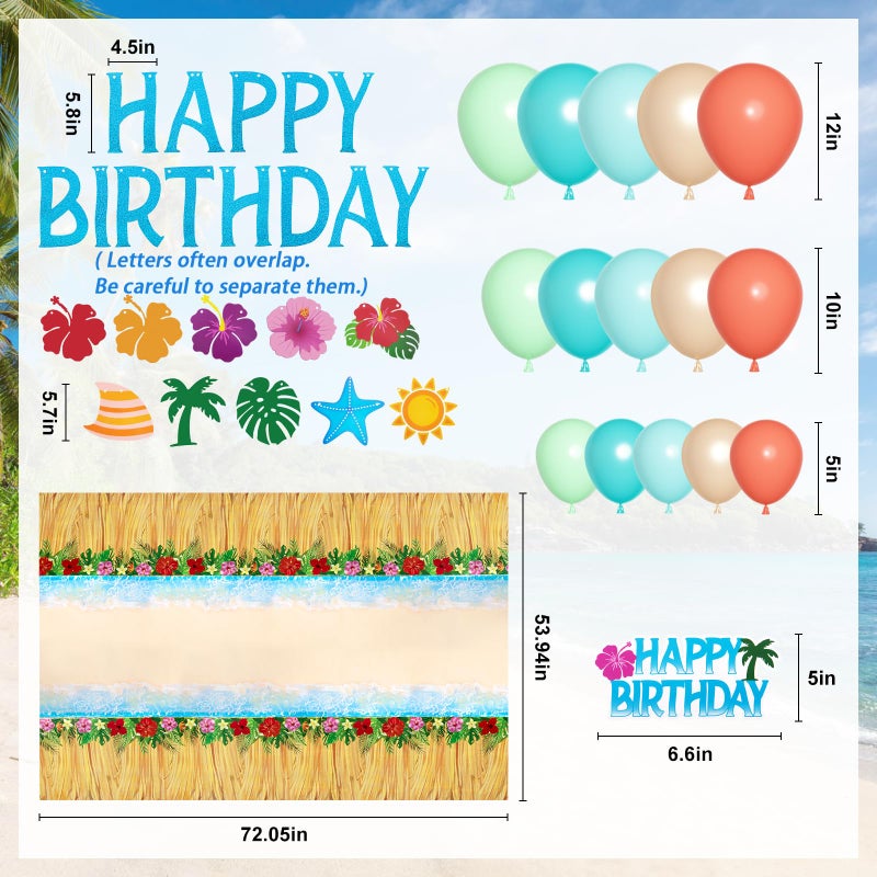 Amandir Summer Tropical Birthday Party Decorations, Beach Theme Party Supplies with Table Cloth, Happy Birthday Banner, Aloha Hawaiian Luau Balloons, Foil Fringe Curtains, Hibiscus Palm Leaves, Cake Toppers - Image 4