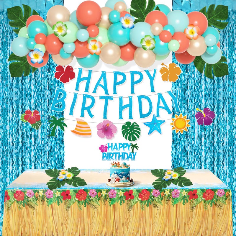 Amandir Summer Tropical Birthday Party Decorations, Beach Theme Party Supplies with Table Cloth, Happy Birthday Banner, Aloha Hawaiian Luau Balloons, Foil Fringe Curtains, Hibiscus Palm Leaves, Cake Toppers - Image 2