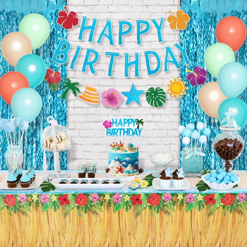 Amandir Summer Tropical Birthday Party Decorations, Beach Theme Party Supplies with Table Cloth, Happy Birthday Banner, Aloha Hawaiian Luau Balloons, Foil Fringe Curtains, Hibiscus Palm Leaves, Cake Toppers - Image 5
