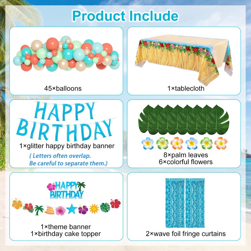 Amandir Summer Tropical Birthday Party Decorations, Beach Theme Party Supplies with Table Cloth, Happy Birthday Banner, Aloha Hawaiian Luau Balloons, Foil Fringe Curtains, Hibiscus Palm Leaves, Cake Toppers - Image 3