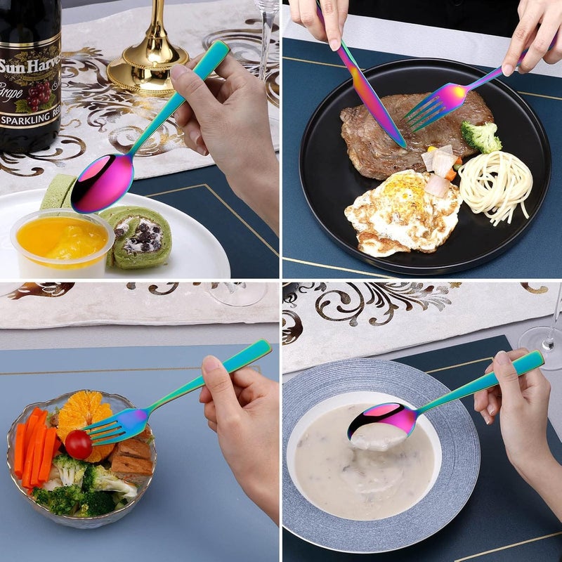 TURBID Cutlery Set 4 Piece Stainless Steel Flatware Silverware Sets with Square Edge Service Elegant Tableware Included Knives Forks Spoons Mirror Finished Dishwasher Safe Rainbow Set of 4 - Image 4