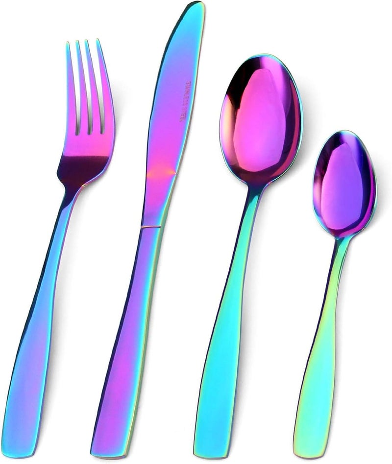 TURBID Cutlery Set 4 Piece Stainless Steel Flatware Silverware Sets with Square Edge Service Elegant Tableware Included Knives Forks Spoons Mirror Finished Dishwasher Safe Rainbow Set of 4 - Image 1