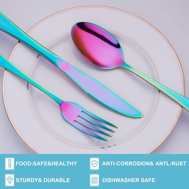 TURBID Cutlery Set 4 Piece Stainless Steel Flatware Silverware Sets with Square Edge Service Elegant Tableware Included Knives Forks Spoons Mirror Finished Dishwasher Safe Rainbow Set of 4 - Image 3