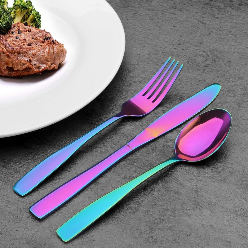 TURBID Cutlery Set 4 Piece Stainless Steel Flatware Silverware Sets with Square Edge Service Elegant Tableware Included Knives Forks Spoons Mirror Finished Dishwasher Safe Rainbow Set of 4 - Image 5