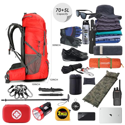 W WINTMING WintMing 75L Hiking Backpack with Rain Cover Waterproof Camping Backpack Shoes Warehouse for Men Women, Frameless (red) - Image 3