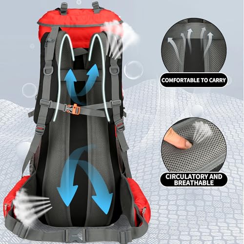 W WINTMING WintMing 75L Hiking Backpack with Rain Cover Waterproof Camping Backpack Shoes Warehouse for Men Women, Frameless (red) - Image 5