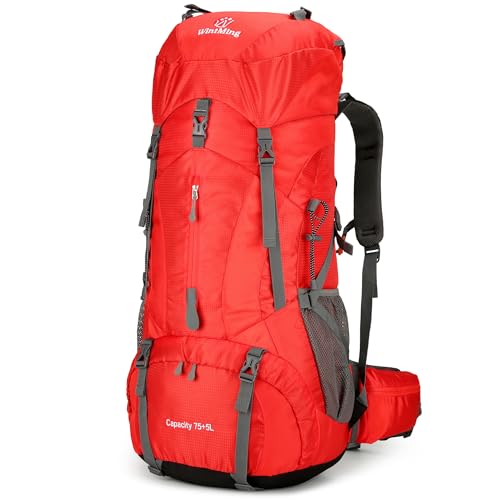 W WINTMING WintMing 75L Hiking Backpack with Rain Cover Waterproof Camping Backpack Shoes Warehouse for Men Women, Frameless (red) - Image 1