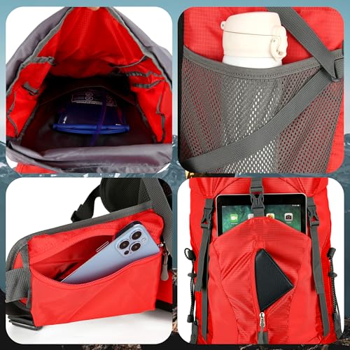 W WINTMING WintMing 75L Hiking Backpack with Rain Cover Waterproof Camping Backpack Shoes Warehouse for Men Women, Frameless (red) - Image 4