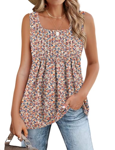 Zeagoo Women's Square Neck Sleeveless Tank Tops Fashion Loose Summer Floral Blouse Flowy Pleated Bohemian Tunic - Image 1