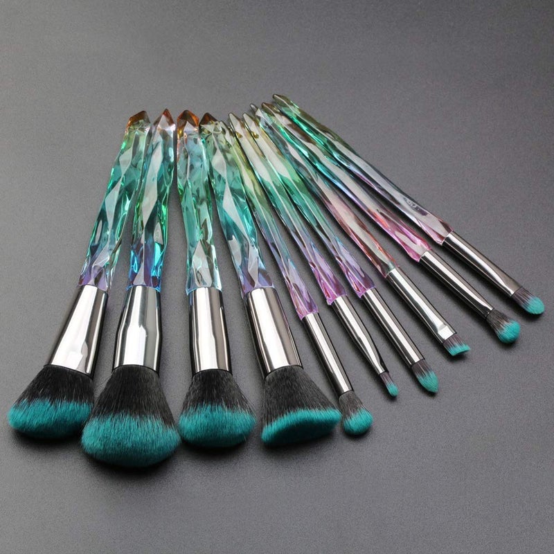JHEPCOIN Makeup Brushes Crystal Handle Set JHEPCOIN 10 PCS Crystal Transparent Handle Kabuki Powder Foundation Brush Concealer Eye Shadow Eyeliner Eyebrow Brush Green - Image 2