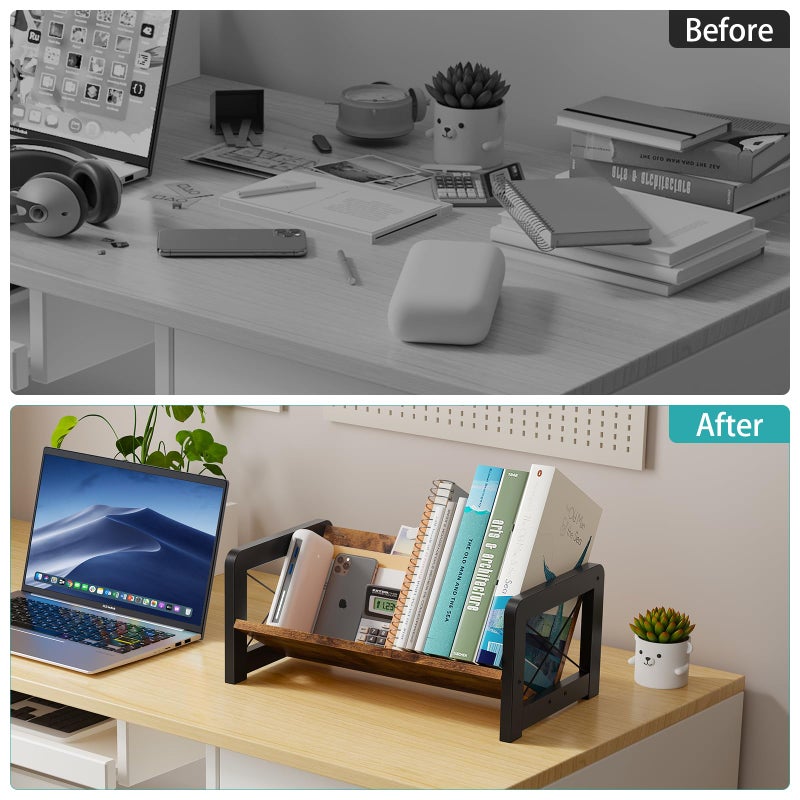ELITEROO Desktop Bookshelf Organizer, Wood Slanted Desk Bookshelf, Small Tabletop Book Rack, Portable Mini Bookcase for Book Display, Cookbooks, Kids Reading, Office & Home Storage, Rustic Brown - Image 3