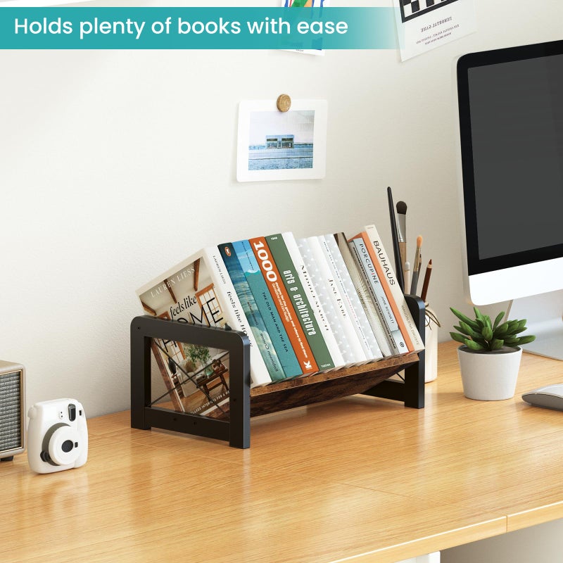 ELITEROO Desktop Bookshelf Organizer, Wood Slanted Desk Bookshelf, Small Tabletop Book Rack, Portable Mini Bookcase for Book Display, Cookbooks, Kids Reading, Office & Home Storage, Rustic Brown - Image 2