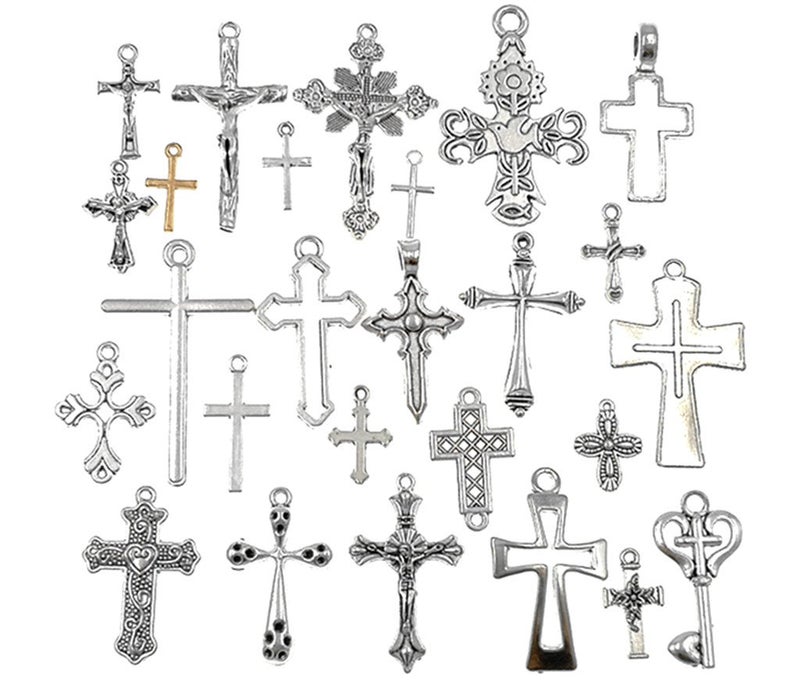 Kinteshun Christian Cross Charm Assorted Alloy Crucifix Pendant Connector for DIY Necklace Bracelet Jewelry Making Accessaries(25pcs,Antique Silver) - Image 1